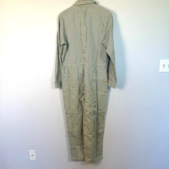 Outerknown Women’s Station Jumpsuit Long Sleeve Pockets Pinstripe Green Cream S - Picture 4 of 15